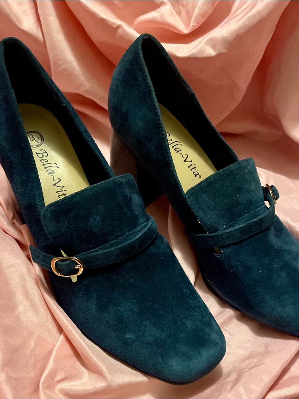 Bella Vita Teal Suede Block Heel Loafers with Buckle Strap